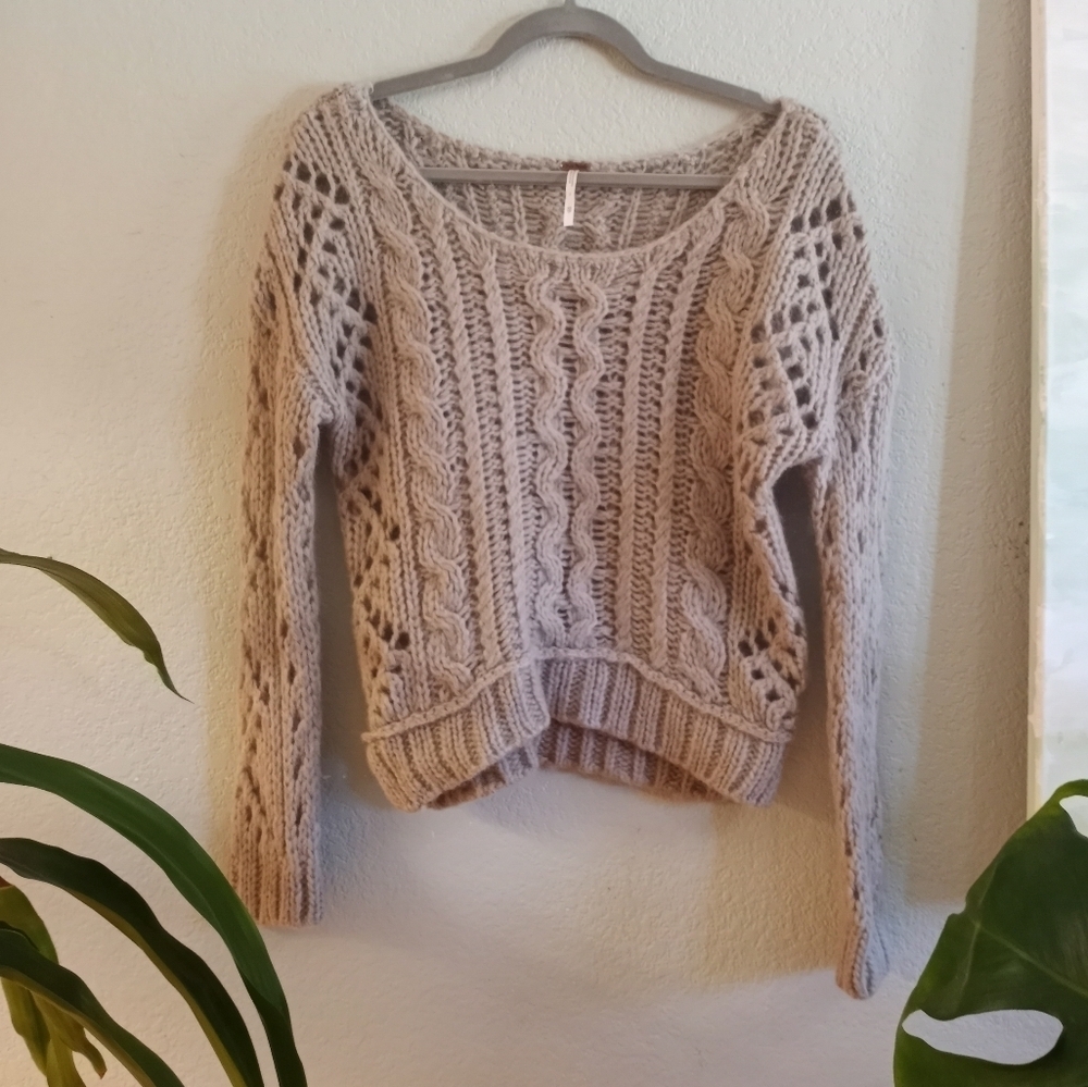 Free People Bohemian Classic Lacey Cable Knit Casual Slouchy Boatneck  Sweater